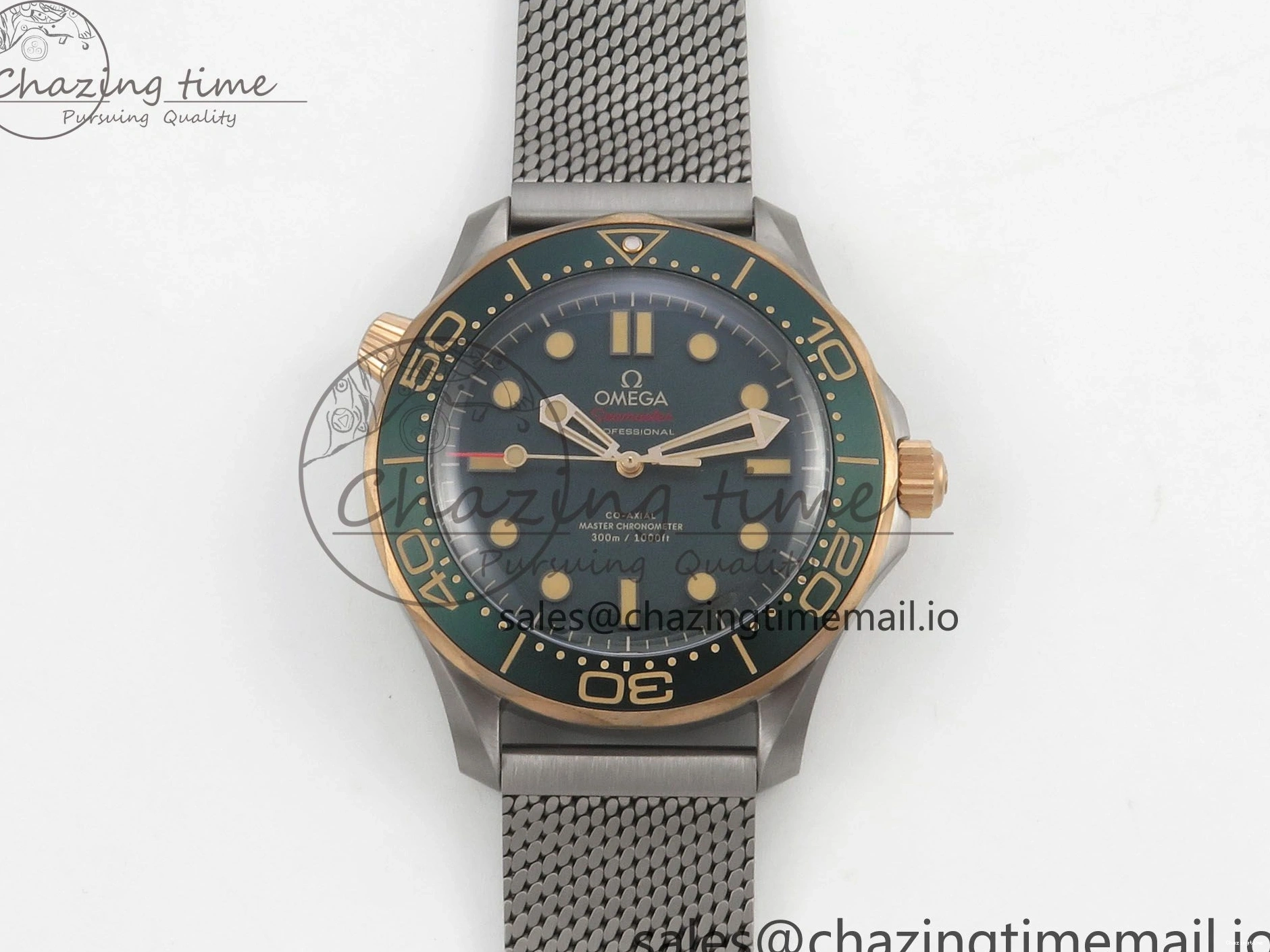 0329 OdorResistant Seamaster 300M Diver Titanium Bronze Gold VSF 1:1 Best Edition Green Dial on Titanium Mesh Bracelet A 7660